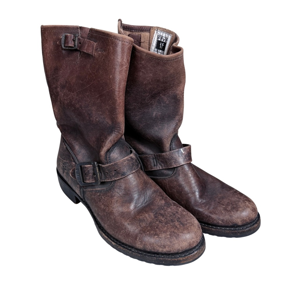 Frye Engineer Boots Womens 8 Brown Distressed Leather Buckle Moto Mid Calf